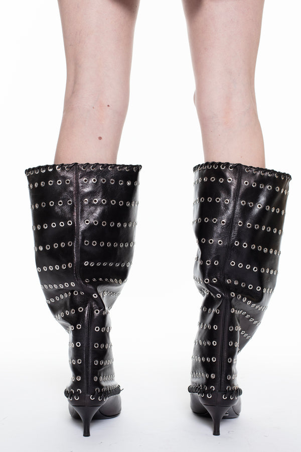 GROMMET LEVEL BOOT, KNEE HIGH in black nappa