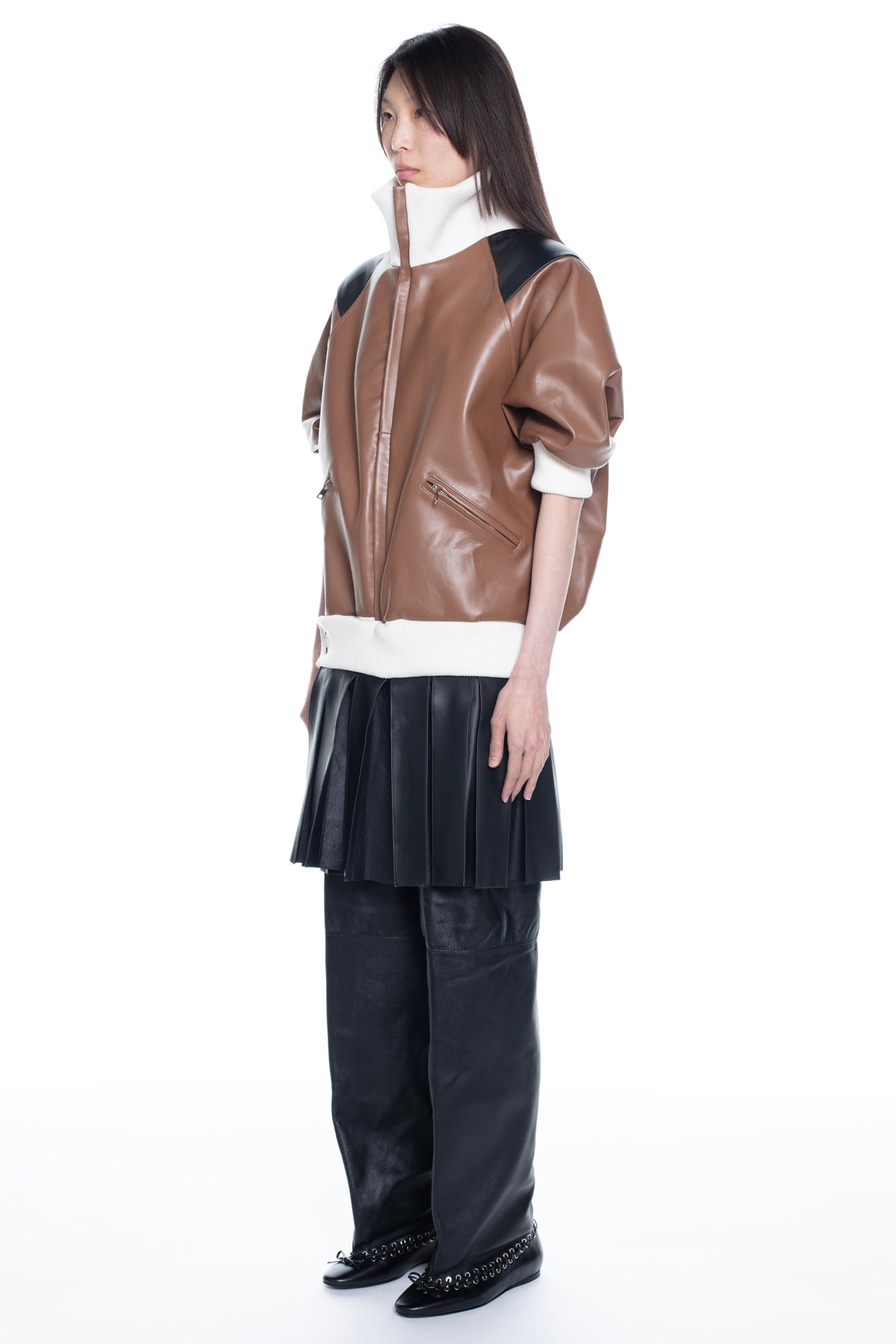 LEATHER BOMBER DRESS in brown