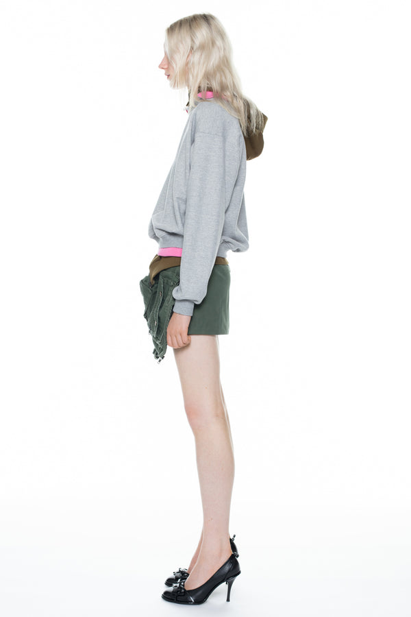 TRIPLE HOODIE in grey, khaki, and pink