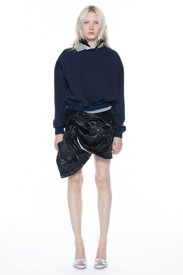 TRIPLE HOODIE in navy, black, and grey