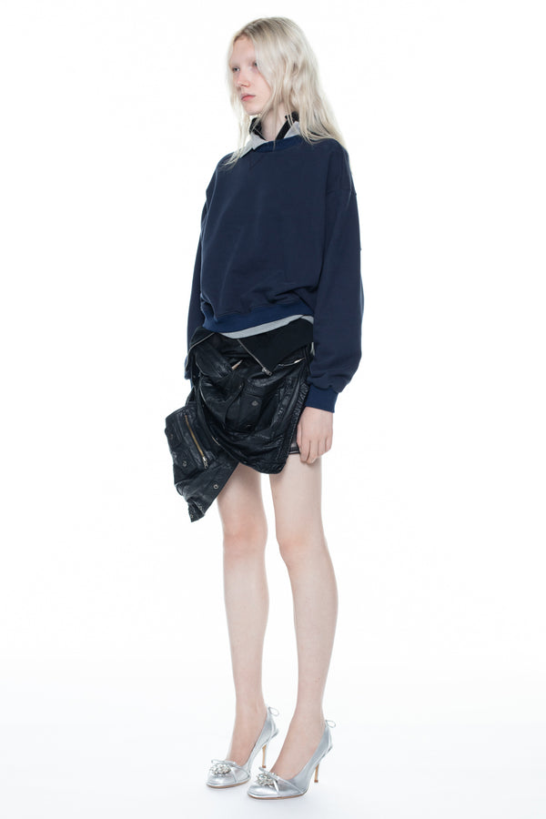 TRIPLE HOODIE in navy, black, and grey