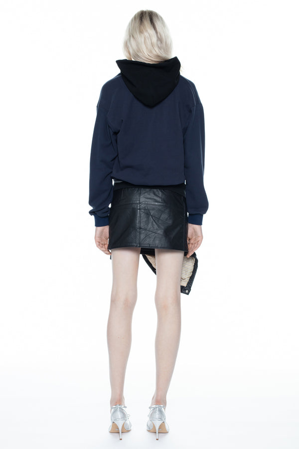 TRIPLE HOODIE in navy, black, and grey