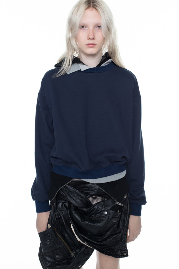 TRIPLE HOODIE in navy, black, and grey