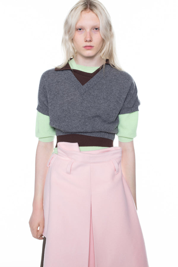 TRIPLE SWEATER in grey, brown, and apple green