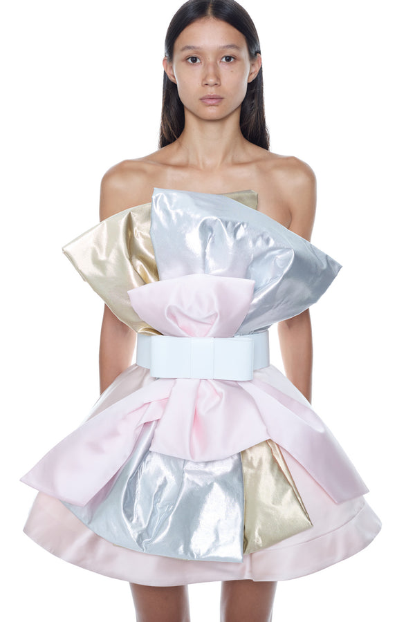 BELTED BOW DRESS in pink, gold, and silver