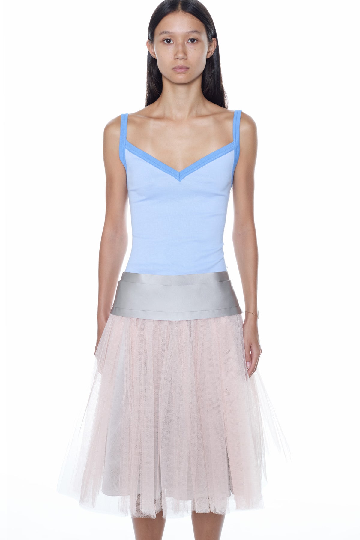 SINGLET PROM DRESS in blue, peach, and grey