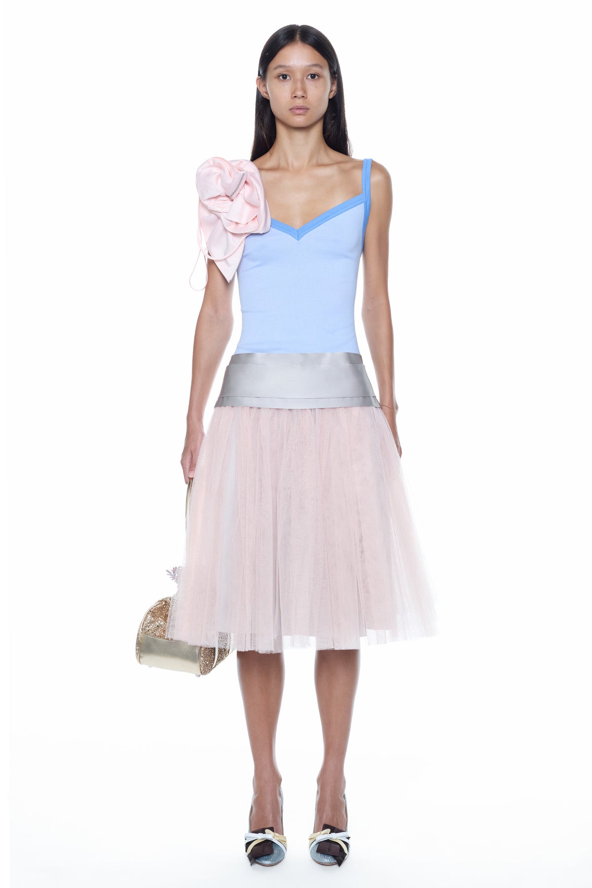 SINGLET PROM DRESS in blue, peach, and grey