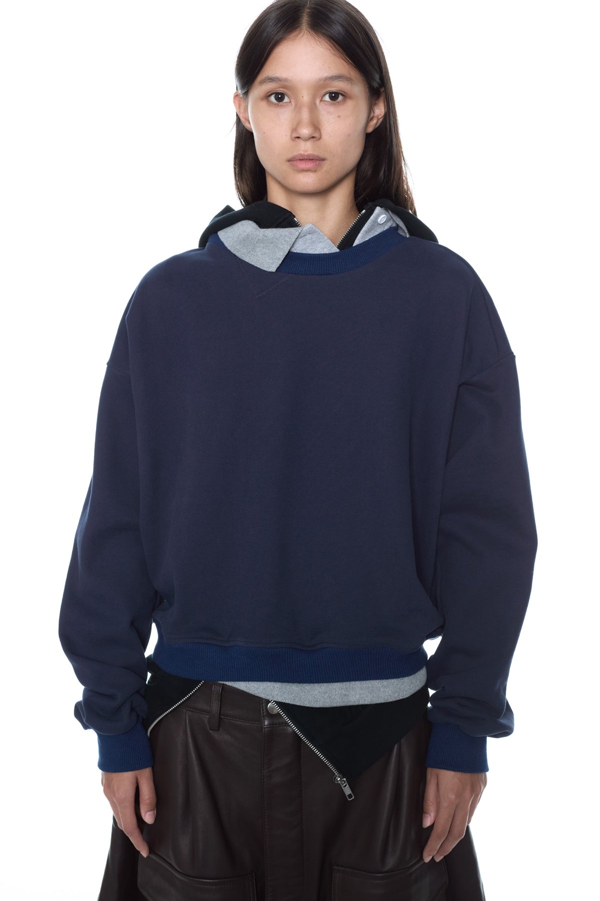 TRIPLE HOODIE in navy, grey, and black