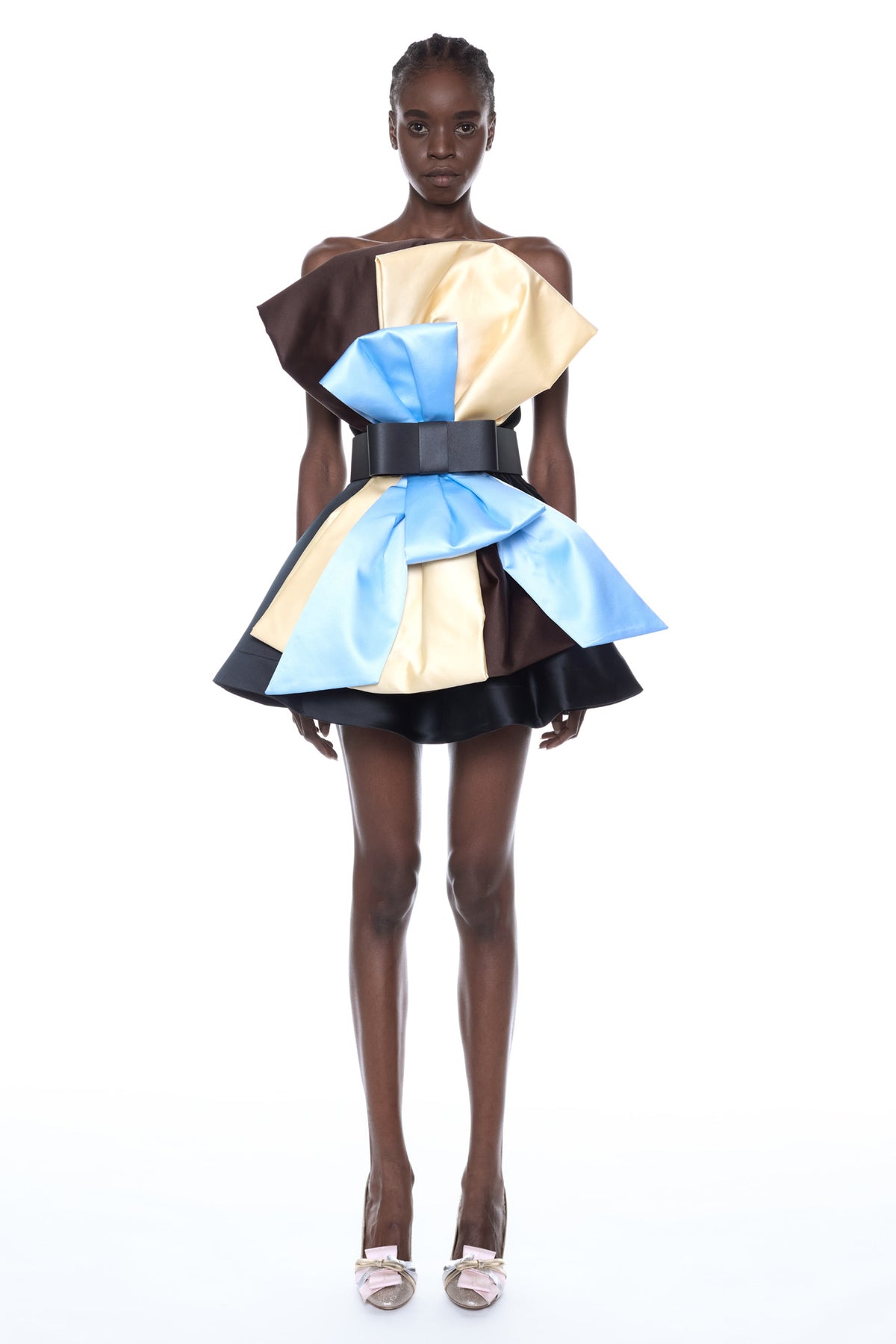 BELTED BOW DRESS in black, blue, and yellow