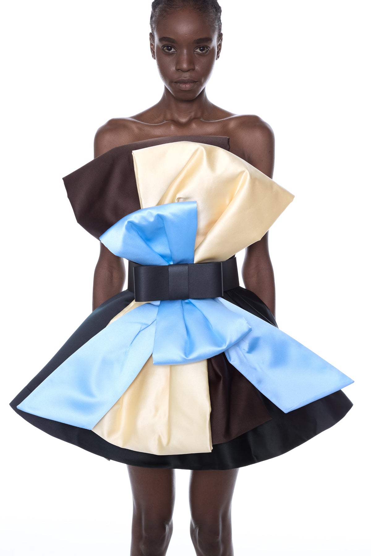 BELTED BOW DRESS in black, blue, and yellow
