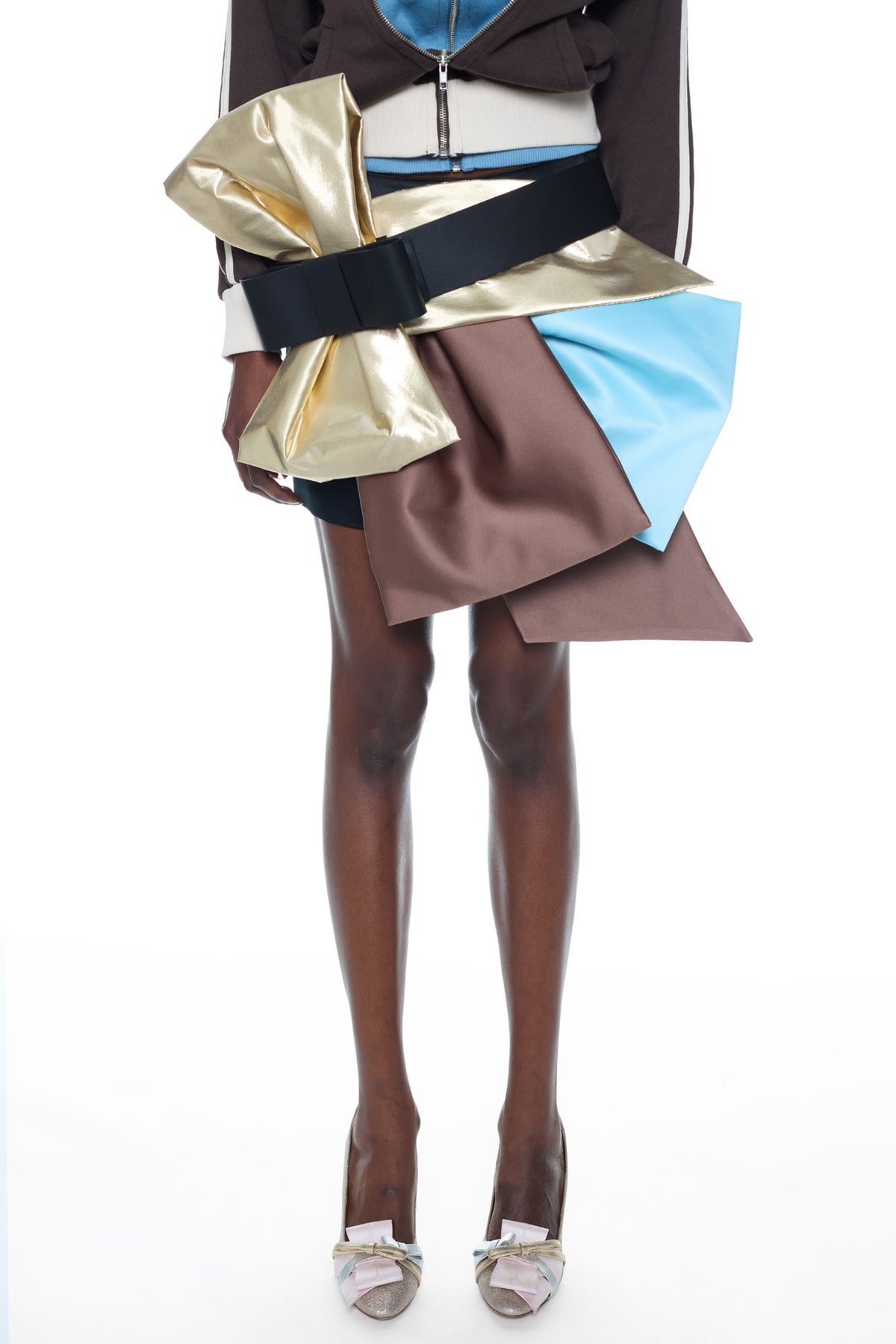 BELTED BOW SKIRT in brown, gold, and blue