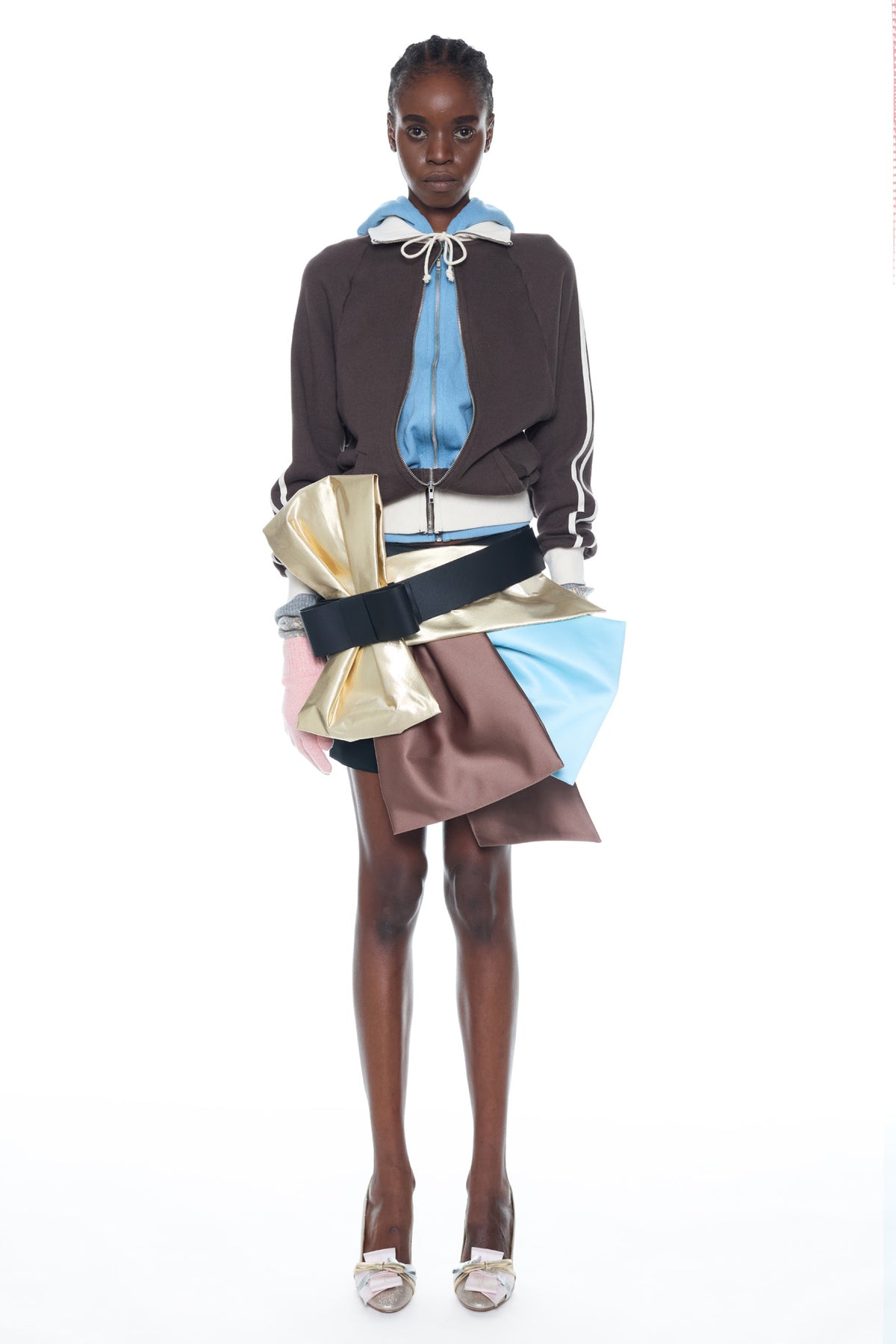 BELTED BOW SKIRT in brown, gold, and blue