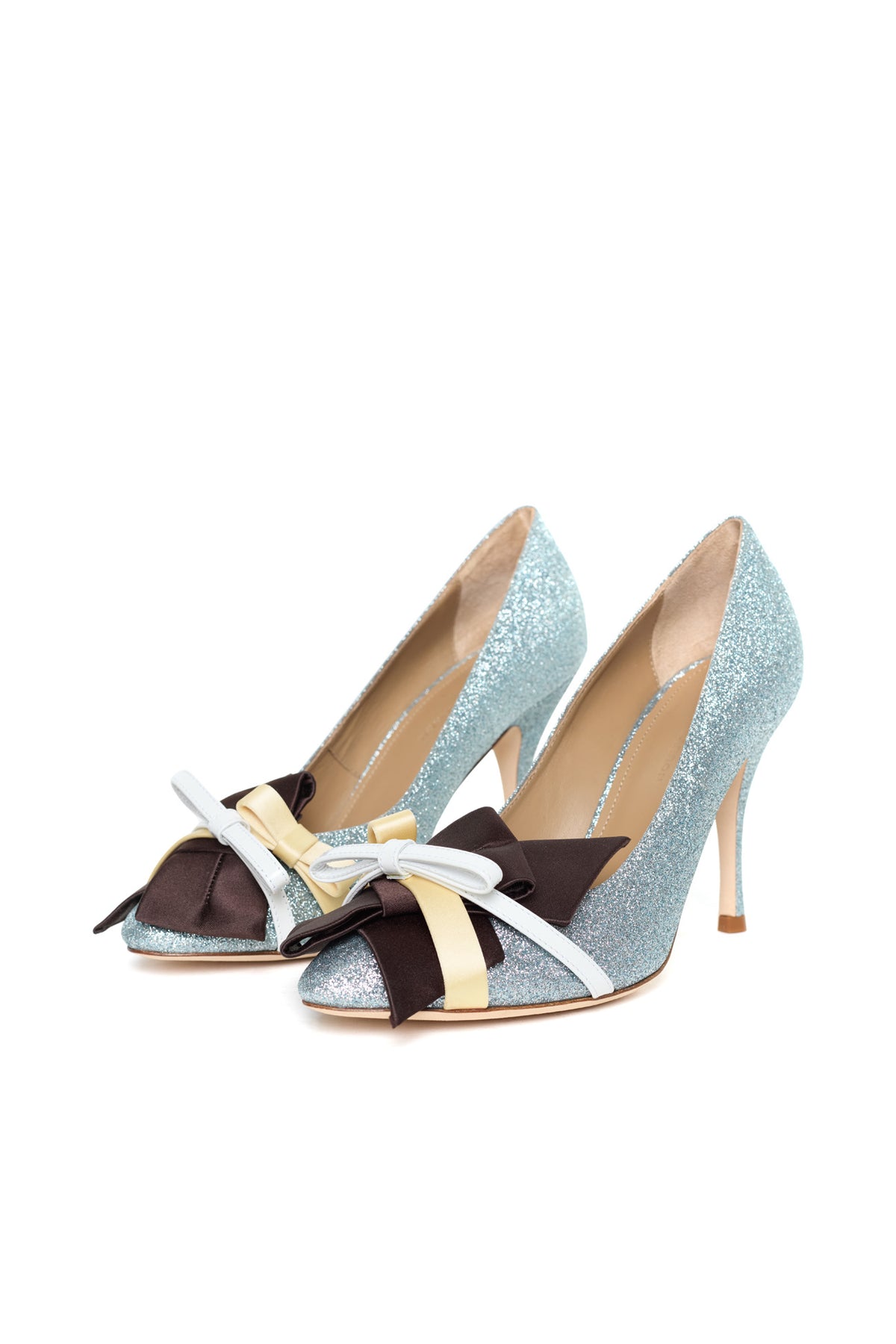 TRIPLE BOW PUMP in blue, brown, and yellow