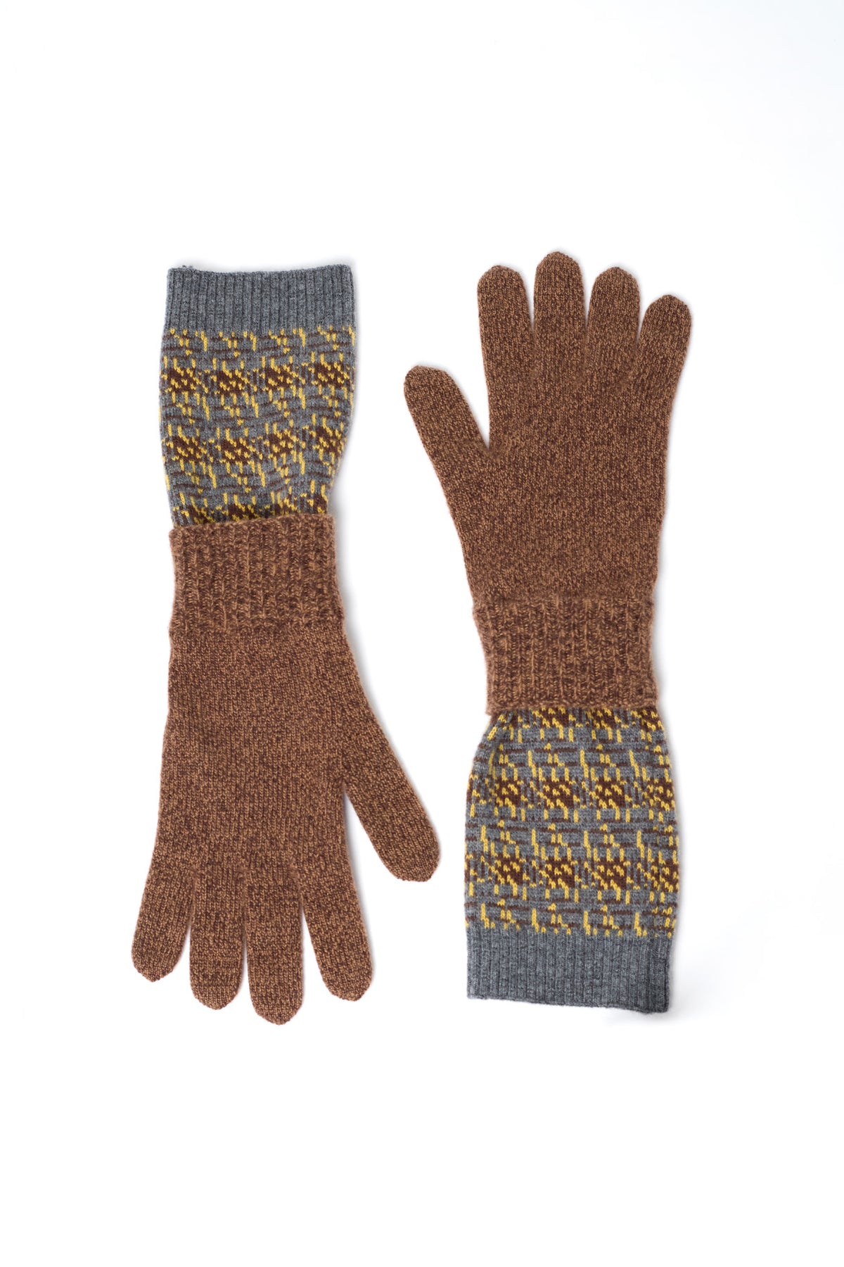 DOUBLE GLOVES in brown, grey, and yellow