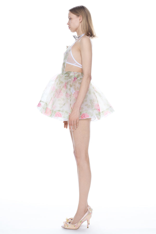 APRON MINI DRESS in rose and green floral