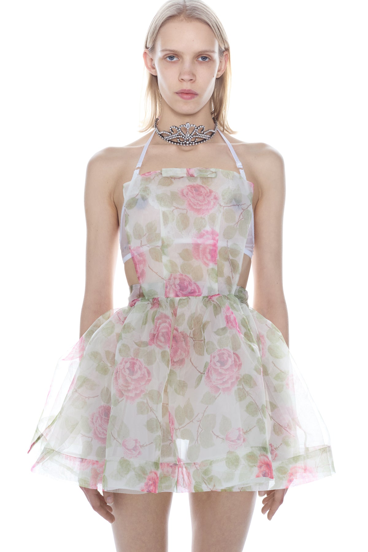 APRON MINI DRESS in rose and green floral