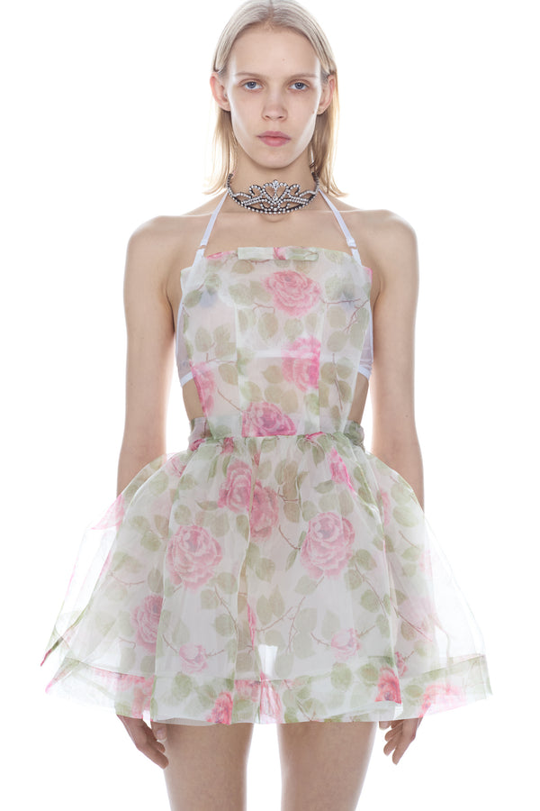 APRON MINI DRESS in rose and green floral
