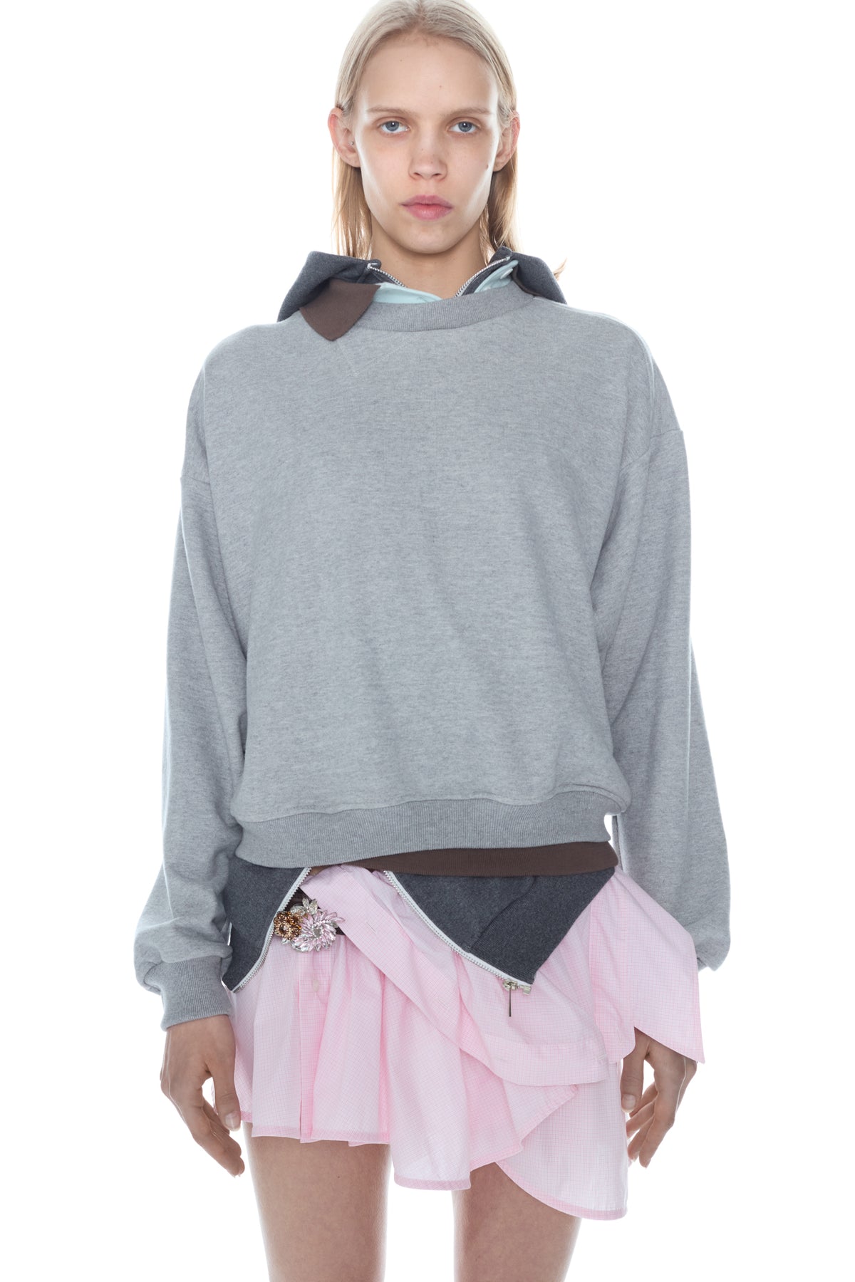 TRIPLE HOODIE in grey, brown, and baby blue