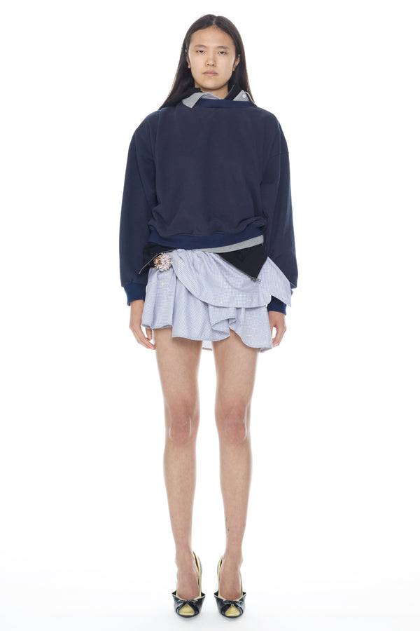 TRIPLE HOODIE in navy, black, and grey