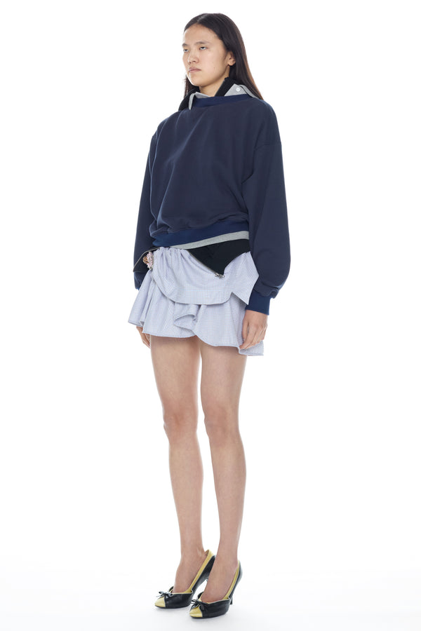 TRIPLE HOODIE in navy, black, and grey