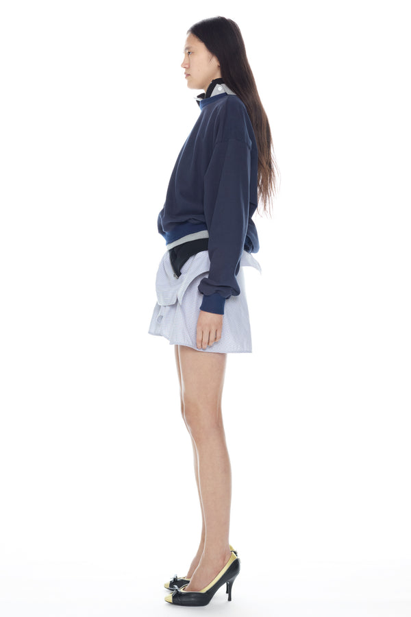 TRIPLE HOODIE in navy, black, and grey