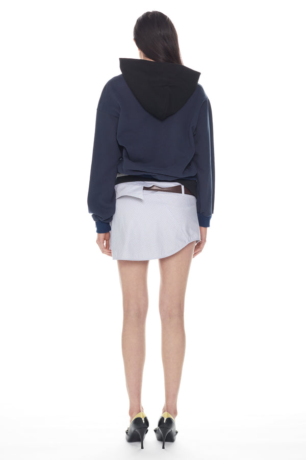 TRIPLE HOODIE in navy, black, and grey