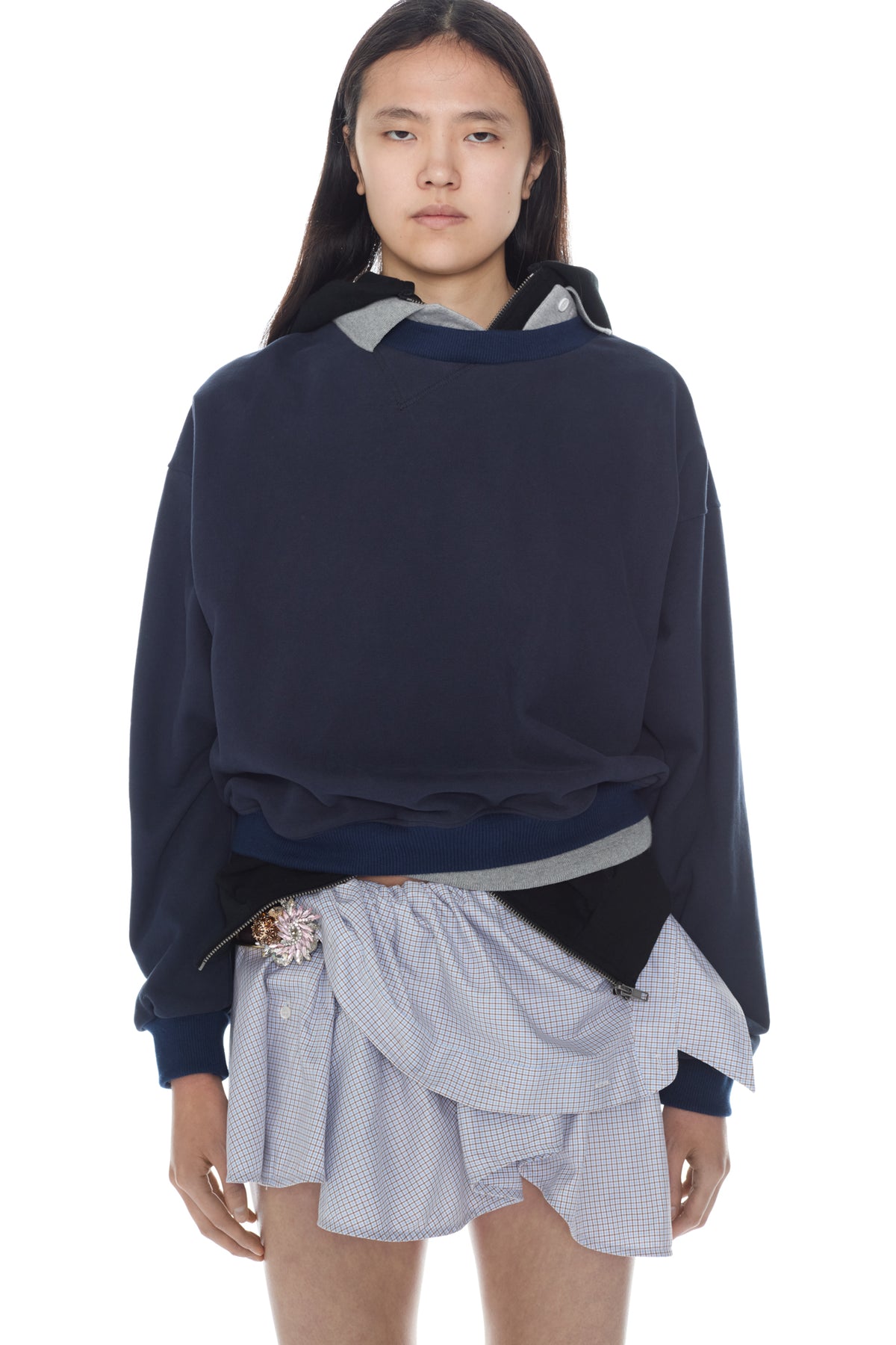 TRIPLE HOODIE in navy, black, and grey