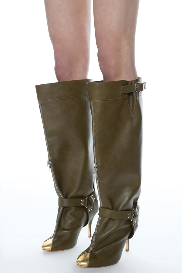 UNZIPPED BOOT in army green and gold