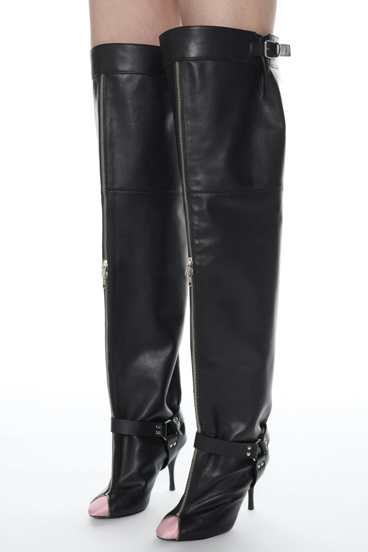 Thigh high UNZIPPED BOOT in black and pink