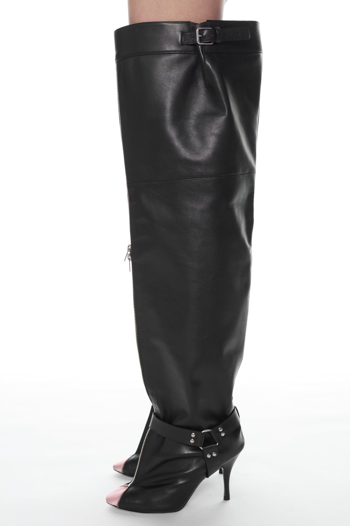 Thigh high UNZIPPED BOOT in black and pink