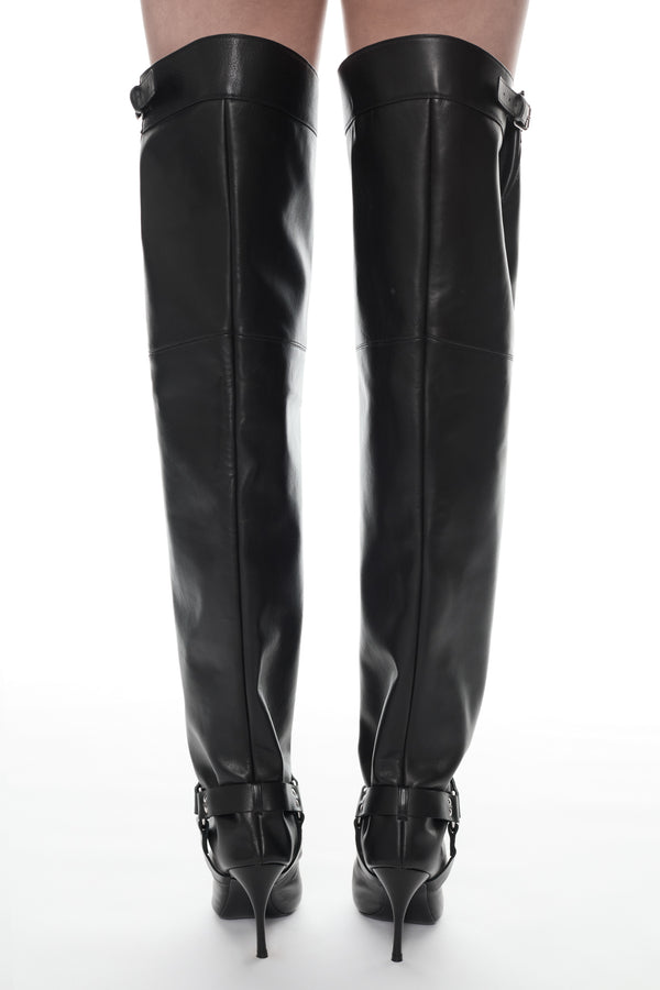 Thigh high UNZIPPED BOOT in black and pink