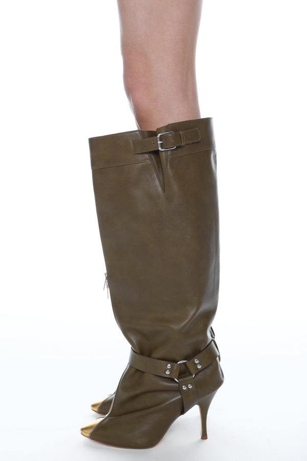 UNZIPPED BOOT in army green and gold